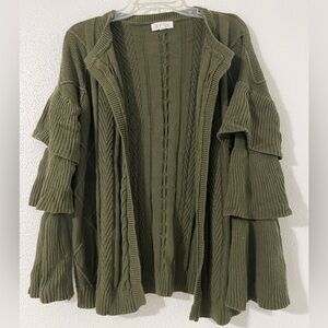 THML Cardigan Sweater Olive Green Cable Knit Open Front Tiered Bell Sleeves